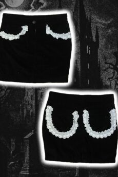 Upcyklovaná černá mini sukně L/XL s bílou krajkou na kapsách Modifyed