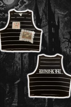 Upcyklovaný pruhovaný crop top L/XL s nášivkami koček a nápisem ROOKIE Modifyed